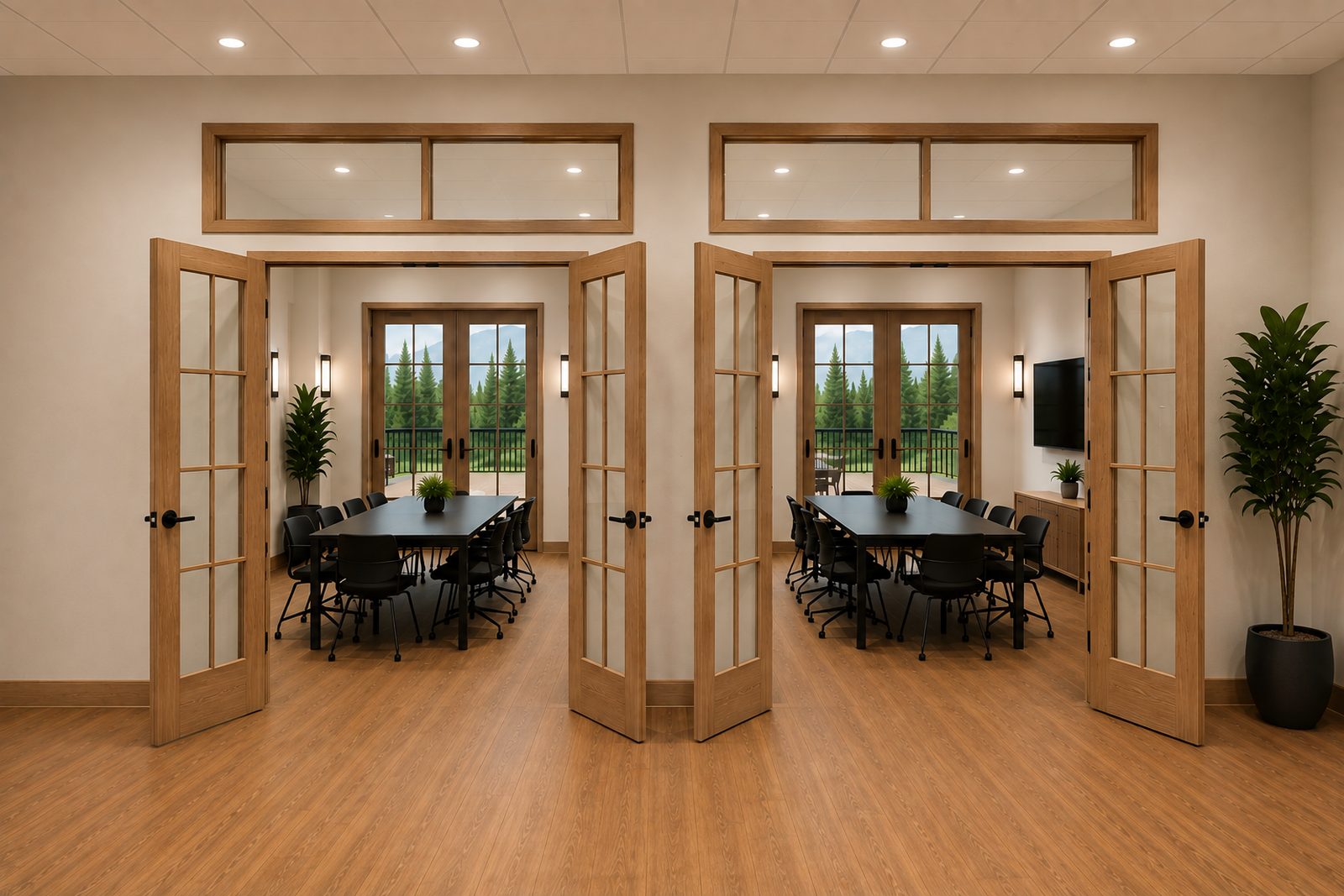 Oak French doors open from the common area into two conference rooms, each set with a table and rolling chairs